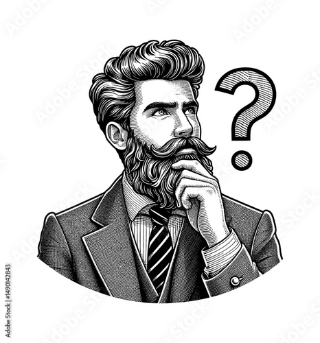 Pensive Man with Beard and Suit Contemplating Question Mark in Detailed Line Art Black and White