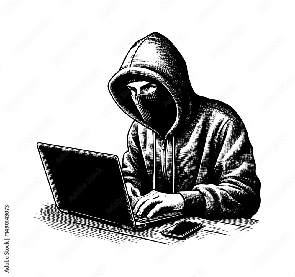 Hacker in Hoodie Typing on Laptop with Mask, Engraving Illustration Style Hacker in Hoodie Typing on Laptop with Mask, Engraving Illustration Style