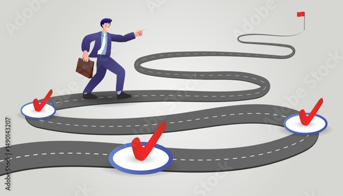 Following a long-term business roadmap. A professional walks a winding path, passing completed checkpoints on the journey toward a final goal, illustrating a successful strategy.