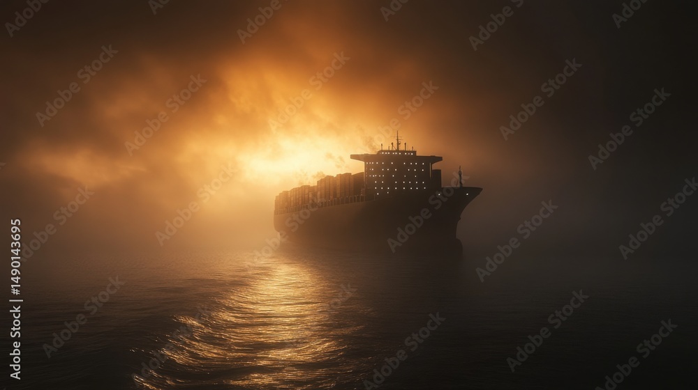 Fototapeta premium Container ship sails through fog with sunset illuminating the background