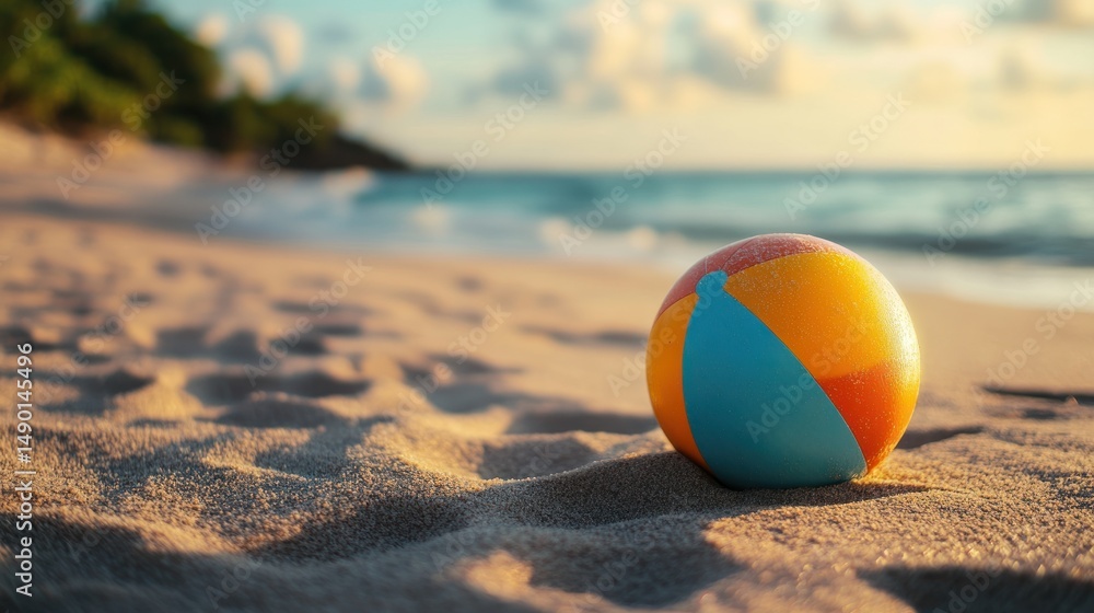 Beach ball on sandy shore at sunset summer vacation scene Beach ball on sandy shore at sunset summer vacation scene
