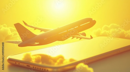 Airplane flying over a smartphone with a vibrant sunset backdrop