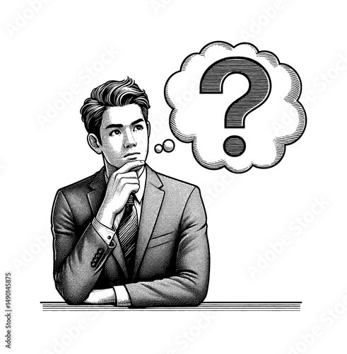 Thoughtful Businessman with Question Mark in Thought Bubble Black and White Illustration