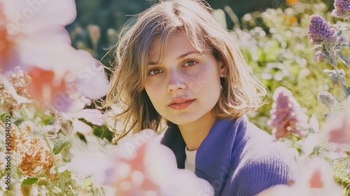Young woman in floral garden