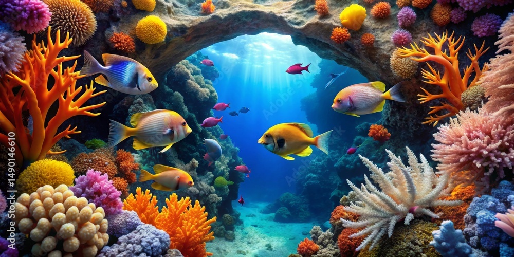 Vibrant Reef Scene Sunlit Ocean Cave with Diverse Coral and Colorful Fish Vibrant Reef Scene Sunlit Ocean Cave with Diverse Coral and Colorful Fish