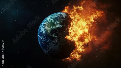 A planet is on fire and is split in half. The fire is so intense that it is destroying the planet