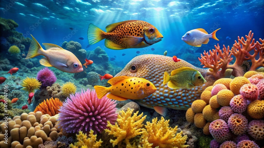 Obraz premium Vibrant Reef Scene A Colorful Underwater Paradise Featuring Diverse Fish Species and Lush Coral Formations