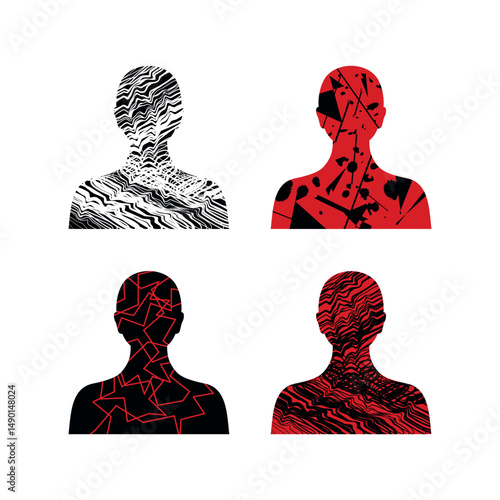 Human head with mental illness abstract vector illustration. Human with depression icon set on a white background. Mental disorder abstract head drawing. Dark person with mental illness symbol