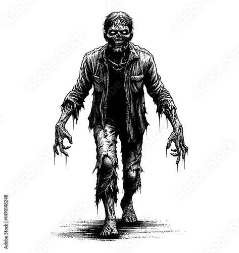 Creepy Zombie Walking Forward with Menacing Expression in Detailed Black and White Engraving