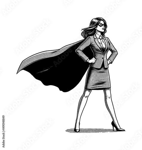 Super businesswoman stands tall in a confident pose with cape flowing in the wind line art style