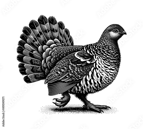 Detailed Black and White Engraving of a Walking Grouse with Feathers