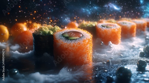 Sushi creation in vibrant cosmic setting with colorful ingredients and artistic presentation