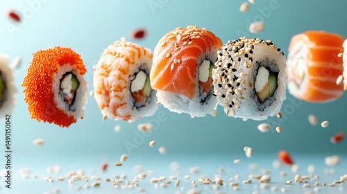 Colorful sushi rolls suspended in mid-air against a light blue background