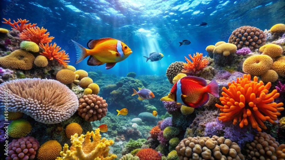Fototapeta premium Vibrant Underwater Scene Showcasing a Thriving Coral Reef Ecosystem with Diverse Colorful Fish Species and Lush Coral Formations