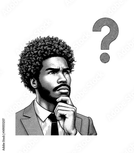 Thoughtful Black Man in Suit Contemplating a Question with Hand on Chin in Engraving Style