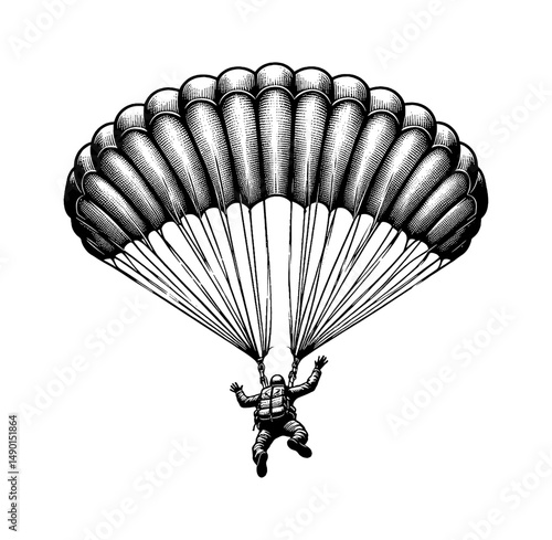 Engraving Illustration of Parachutist with Open Arms During Parachuting in White Background