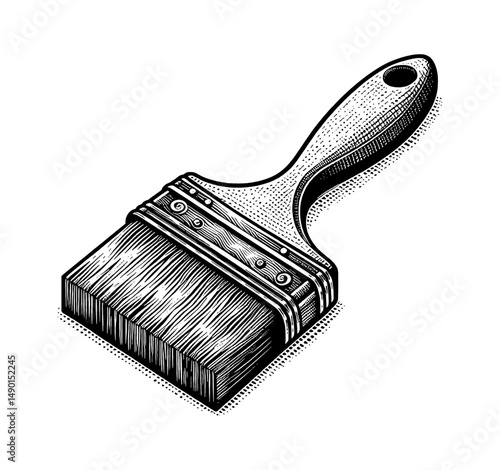 Detailed Engraved Illustration of a Paint Brush in Black and White with Isometric View