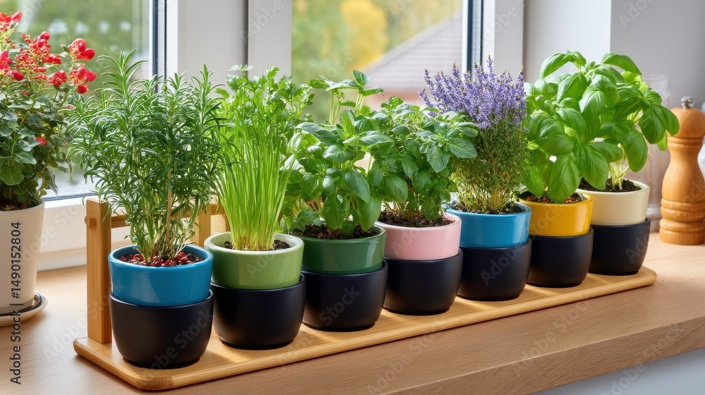 Fototapeta premium Herb Garden, Kitchen Herbs, Potted Plants: Fresh Culinary Herbs in Colorful Pots on Wooden Countertop