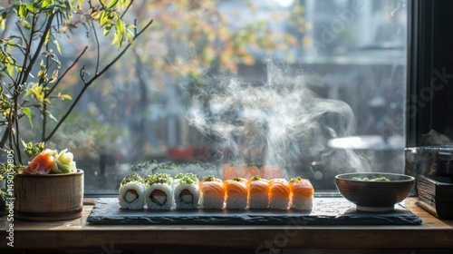 Delightful sushi spread with warm steam rising in a cozy restaurant setting