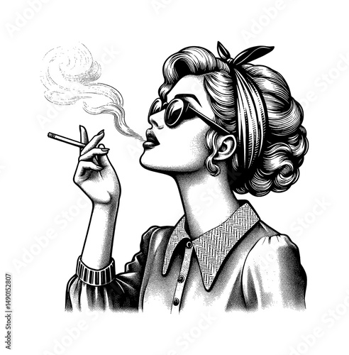 Black and White Engraved Style Illustration of Woman Smoking Cigarette Wearing Sunglasses