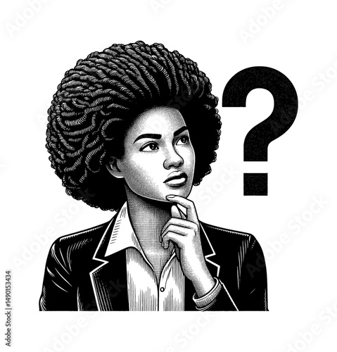 Woman Thinking Hard with Question Mark in Detailed Black and White Line Art Drawing