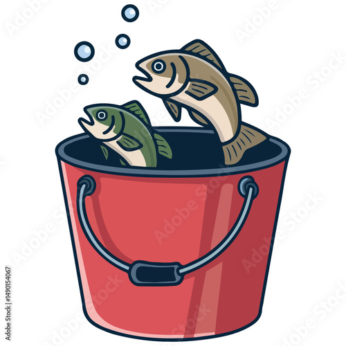 Fish caught in bucket fishing isolated vector illustration on white background