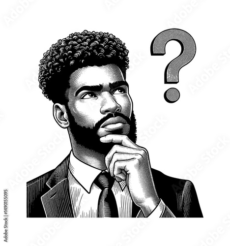 Pensive Businessman with Question Mark Above Head in Detailed Black and White Line Art Drawing