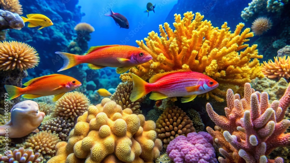 Fototapeta premium Vibrant underwater scene showcasing a diverse array of colorful coral formations and reef fish swimming amidst a flourishing aquatic ecosystem
