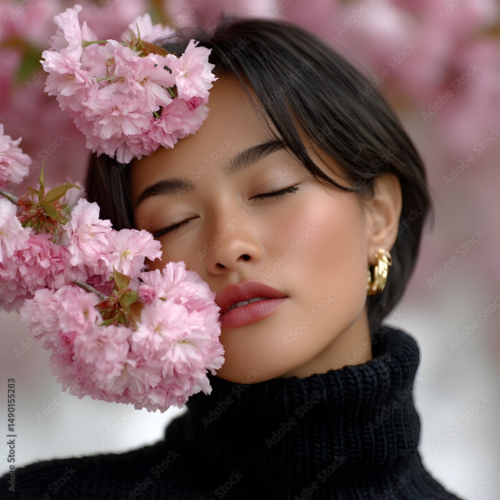 Close-up of woman with pink flowers Close-up of woman with pink flowers