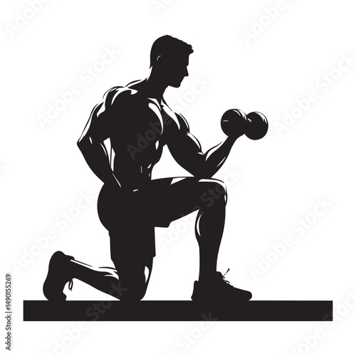 silhouette of people exercising, training muscles, body building, editable vector image