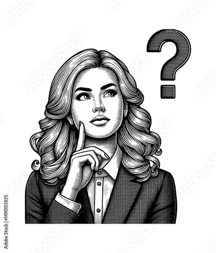 Pensive Woman in Business Suit with Finger on Chin Next to Question Mark Detailed Black and White Line Art