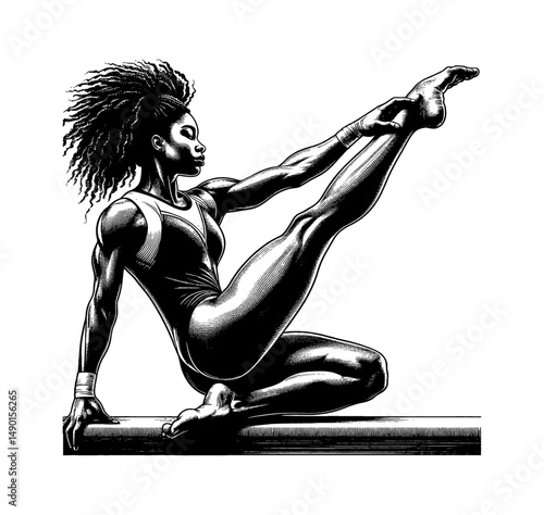 Female Gymnast Performing Balance Beam Routine in Engraved Black and White Style