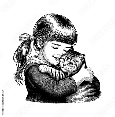 Girl Hugging her Cat with Affection and Love in Detailed Black and White Engraving