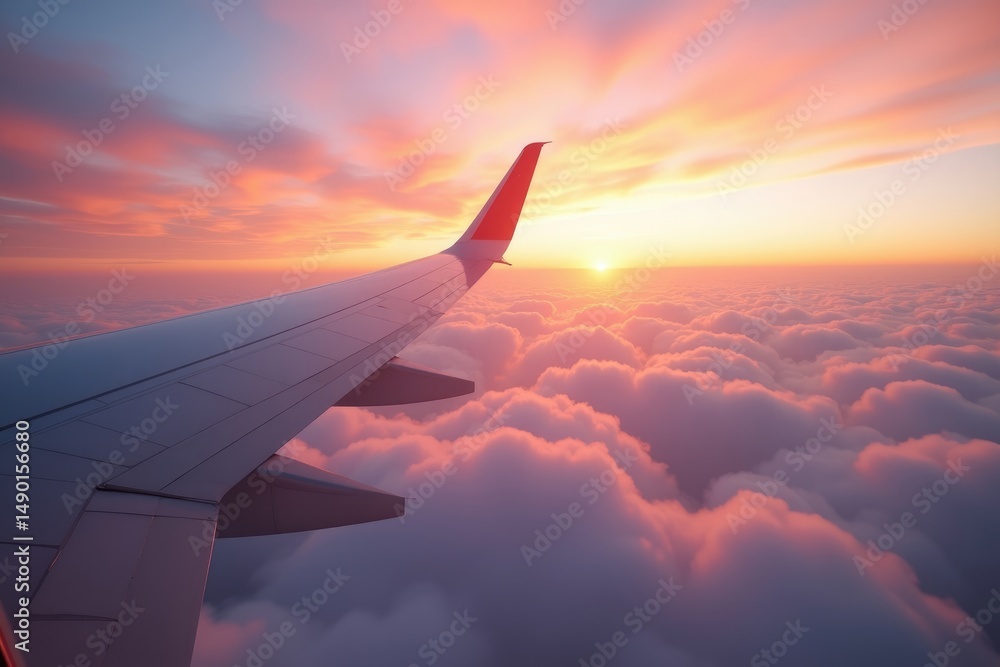 Fototapeta premium Airplane Window Sunset with White Wing Over Clouds, Serene Sky and Cinematic Light