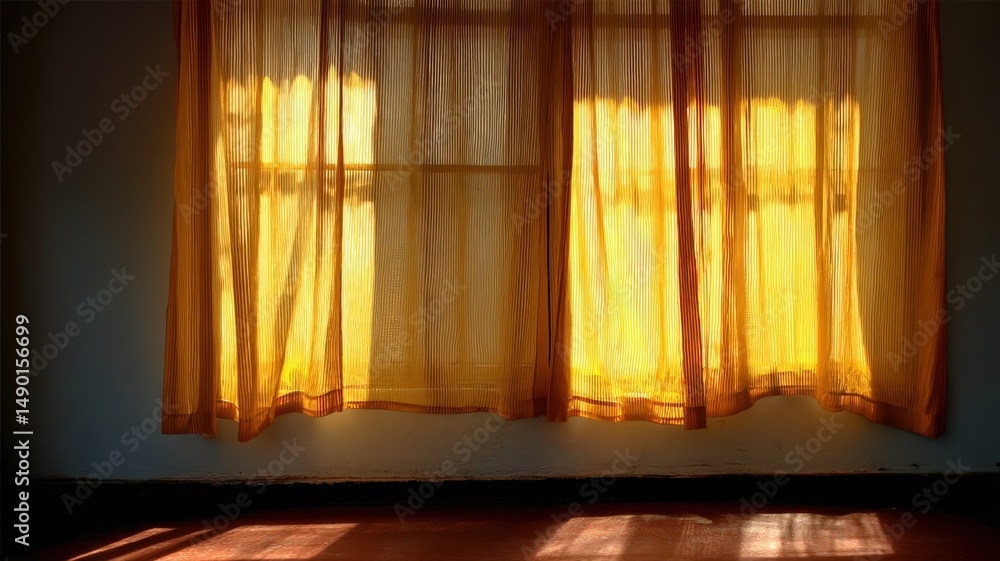 Naklejka premium Translucent Curtain Catching Golden Sunlight In A Room Creating A Warm And Inviting Atmosphere