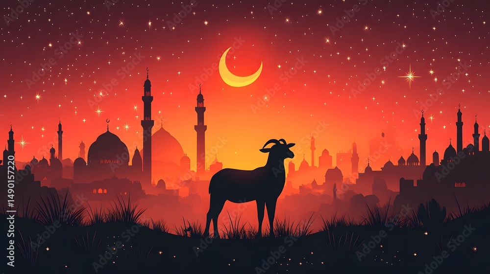 Fototapeta premium Silhouette of a goat against an islamic cityscape at sunset celebrating eid al adha