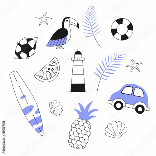 sun sand surf, blue tropical flowers, palm trees, surfboard, beach vacation, seashells, marine life, pineapple, lighthouse, surf van, waves, tropical leaves, starfish, crab, sun icon, feathers

