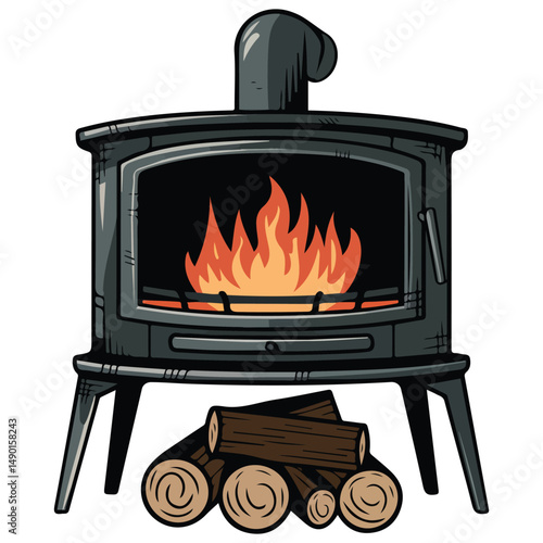 Burning fireplace with wood logs isolated vector illustration on white background