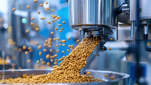 Pet food production process with machinery dispensing kibble into large container, showcasing efficiency and technology in manufacturing