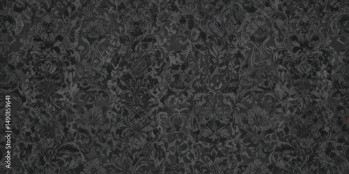 Intricate black floral damask on muted grey Elegant, dark, gothic style , fabric, floral