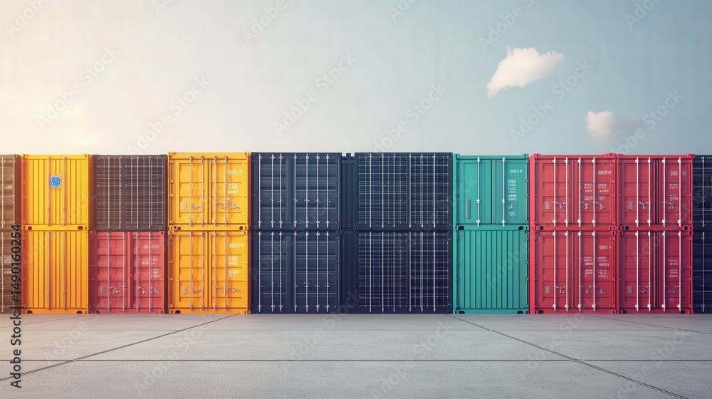Fototapeta premium Colorful shipping containers lined up against a clear sky, showcasing industrial logistics and transport