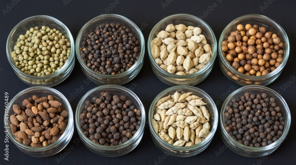Assorted spices in glass bowls, dark background, food photography, recipe ingredient Assorted spices in glass bowls, dark background, food photography, recipe ingredient