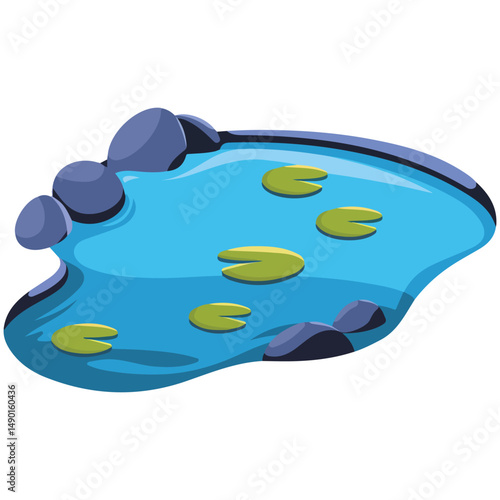 Calm lake with lily pads isolated vector illustration on white background