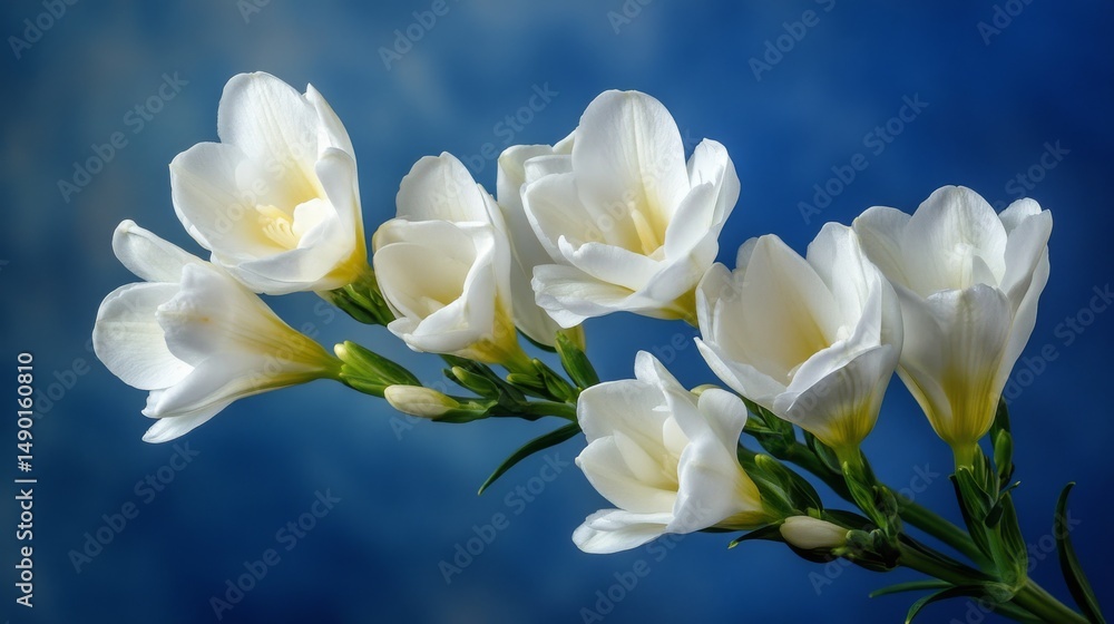Fototapeta premium White freesias are sharp and clear. The background is very blurry. The blue color makes the flowers stand out. 