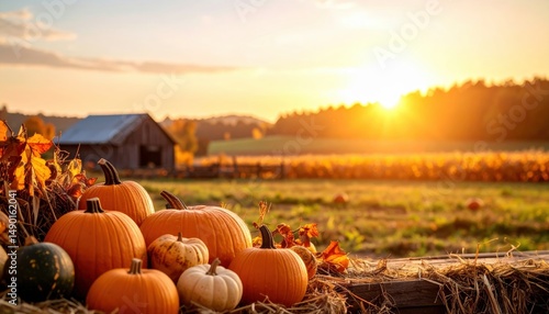 Autumn Harvest Abundance: A bountiful display of pumpkins of varying sizes and colors sits on a rustic wooden surface against the backdrop of a picturesque autumn sunset over a farm field.