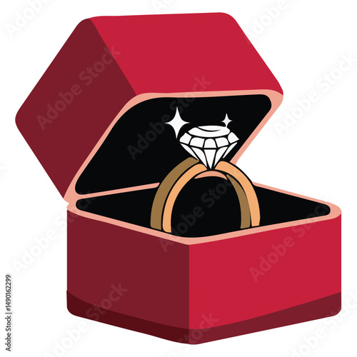 Diamond engagement ring in box isolated vector illustration on white background