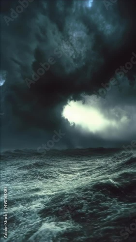 A stormy ocean with a dark sky and a large wave. Scene is intense and dramatic