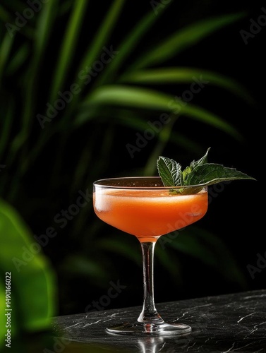 Close-up of a cocktail glass filled with an orange-colored drink. the glass is placed on a black marble surface with a green plant in the background.