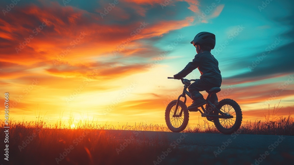 Obraz premium Sunset Ride: A Child's Joyful Journey on a Bicycle