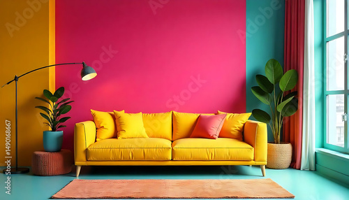 A bright living room with a yellow sofa and colorful walls with a cozy design.